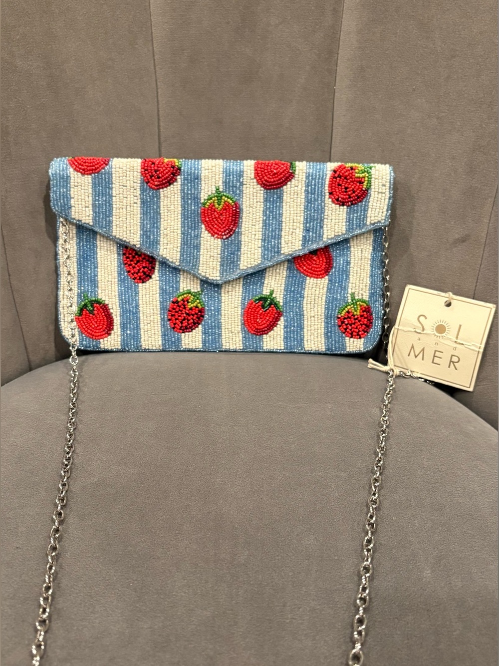 Blue Stripe Strawberry Hand Beaded Clutch Shoulder Bag